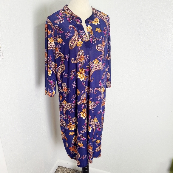 Mlle Gabrielle Blue Dress with Orange & Purple Paisley Print, Size 2X - Picture 1 of 9